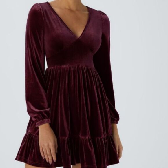 Halara Burgundy Velvet Deep V Neck Long Sleeve Ruffle Hem Dress Size XL - Picture 2 of 9